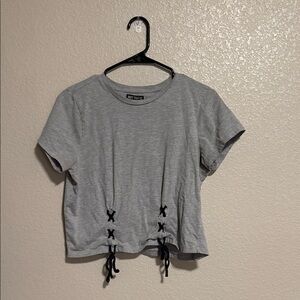 Hot Topic Gray Short Sleeve Lace-Up Crop Tee